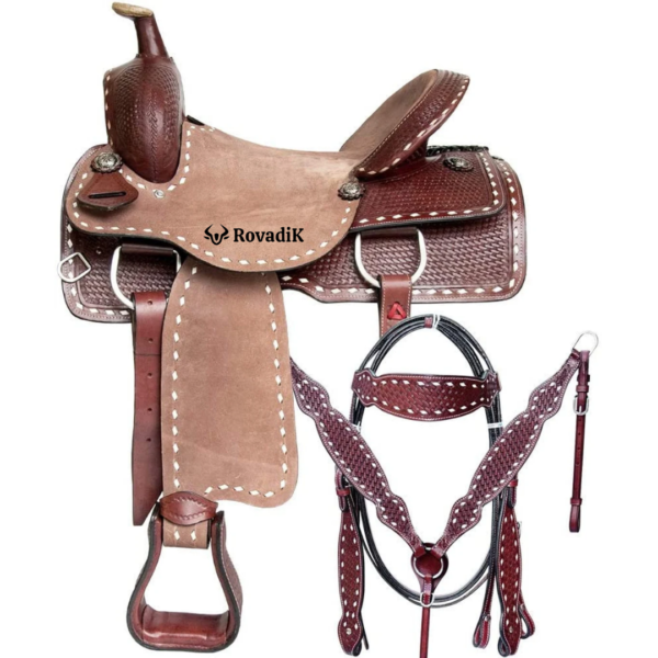 Rovadik Handmade Western Show Saddle Set – Tooled Leather Horse Saddle with Matching Headstall, Breast Collar & Reins – Comfortable Trail & Show Riding