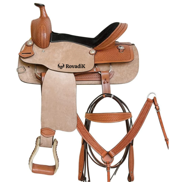 Rovadik Handmade Western Show Saddle Set – Tooled Leather Horse Saddle with Matching Headstall, Breast Collar & Reins – Comfortable Trail & Show Riding