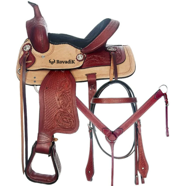 Rovadik Handmade Western Show Saddle Set – Tooled Leather Horse Saddle with Matching Headstall, Breast Collar & Reins – Comfortable Trail & Show Riding