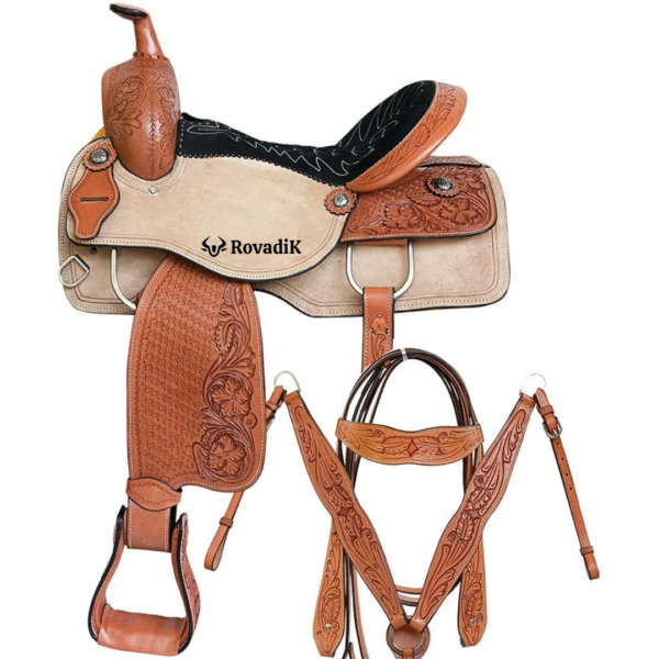 Rovadik Handmade Western Show Saddle Set – Tooled Leather Horse Saddle with Matching Headstall, Breast Collar & Reins – Comfortable Trail & Show Riding