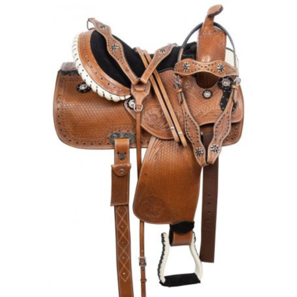 Rovadik Handmade Western Show Saddle Set – Tooled Leather Horse Saddle with Matching Headstall, Breast Collar & Reins – Comfortable Trail & Show Riding