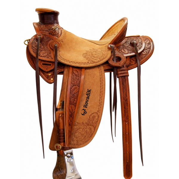 Rovadik Handmade Western Show Saddle Set – Tooled Leather Horse Saddle with Matching Headstall, Breast Collar & Reins – Comfortable Trail & Show Riding