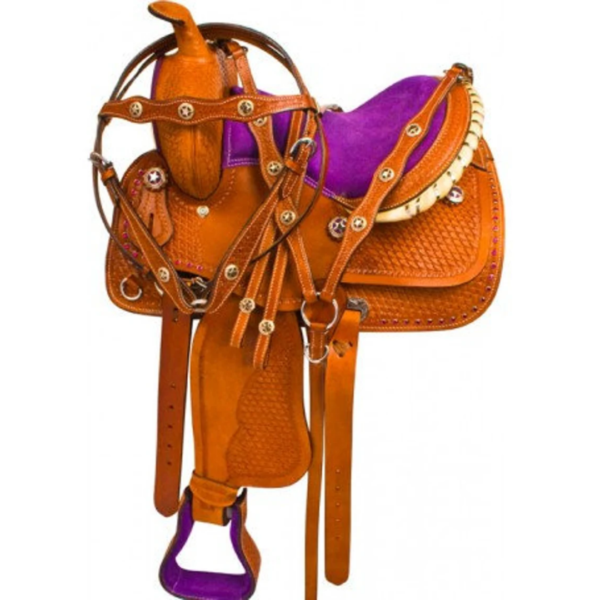 Rovadik Handmade Western Show Saddle Set – Tooled Leather Horse Saddle with Matching Headstall, Breast Collar & Reins – Comfortable Trail & Show Riding