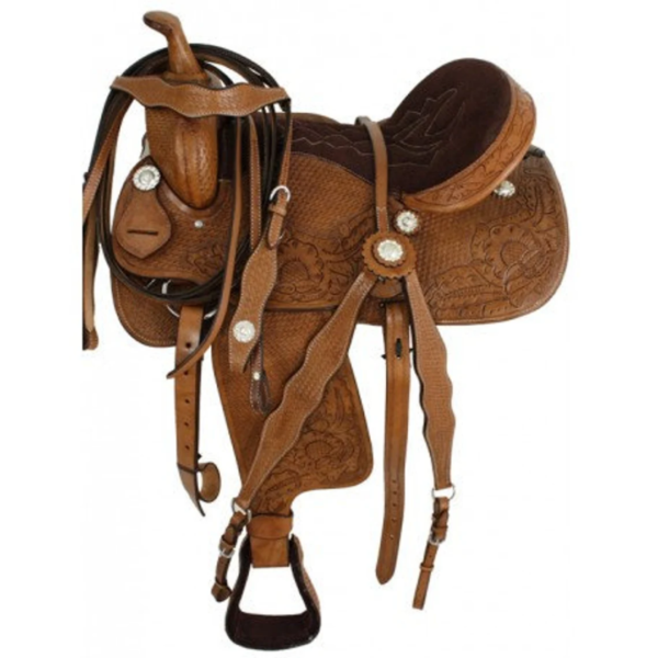 Rovadik Handmade Western Show Saddle Set – Tooled Leather Horse Saddle with Matching Headstall, Breast Collar & Reins – Comfortable Trail & Show Riding