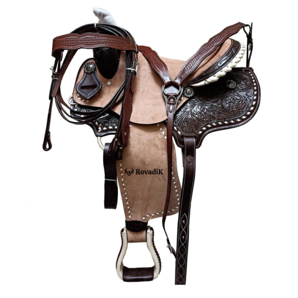 Rovadik Handmade Western Show Saddle Set – Tooled Leather Horse Saddle with Matching Headstall, Breast Collar & Reins – Comfortable Trail & Show Riding