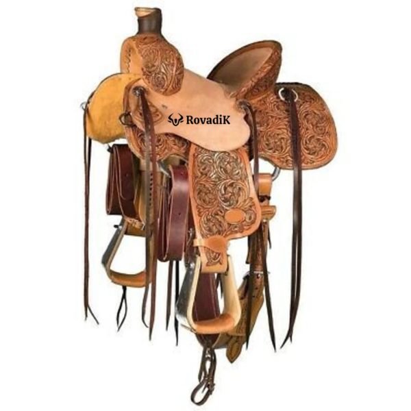 Rovadik Handmade Western Show Saddle Set – Tooled Leather Horse Saddle with Matching Headstall, Breast Collar & Reins – Comfortable Trail & Show Riding