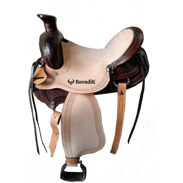 Rovadik Handmade Western Show Saddle Set – Tooled Leather Horse Saddle with Matching Headstall, Breast Collar & Reins – Comfortable Trail & Show Riding