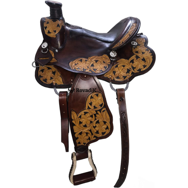 Rovadik Handmade Western Show Saddle Set – Tooled Leather Horse Saddle with Matching Headstall, Breast Collar & Reins – Comfortable Trail & Show Riding