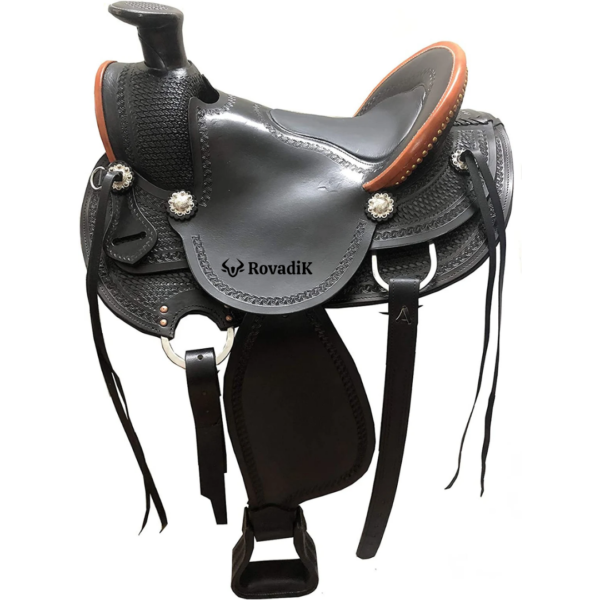 Rovadik Handmade Western Show Saddle Set – Tooled Leather Horse Saddle with Matching Headstall, Breast Collar & Reins – Comfortable Trail & Show Riding
