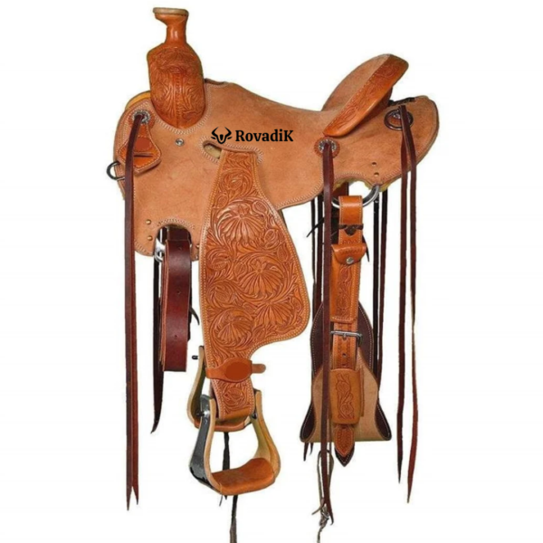 Rovadik Handmade Western Show Saddle Set – Tooled Leather Horse Saddle with Matching Headstall, Breast Collar & Reins – Comfortable Trail & Show Riding