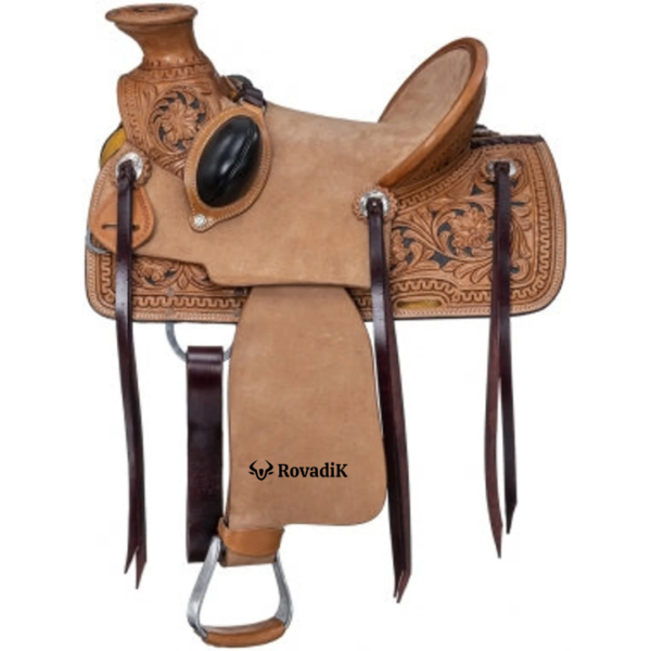 Rovadik Handmade Western Show Saddle Set – Tooled Leather Horse Saddle with Matching Headstall, Breast Collar & Reins – Comfortable Trail & Show Riding