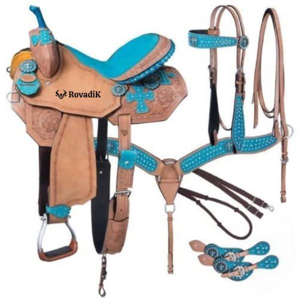 Rovadik Handmade Western Show Saddle Set – Tooled Leather Horse Saddle with Matching Headstall, Breast Collar & Reins – Comfortable Trail & Show Riding