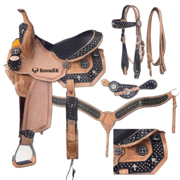 Rovadik Handmade Western Show Saddle Set – Tooled Leather Horse Saddle with Matching Headstall, Breast Collar & Reins – Comfortable Trail & Show Riding