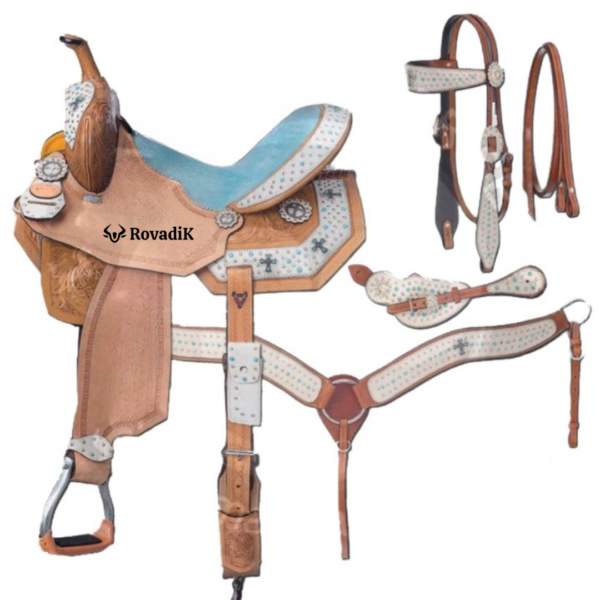 Rovadik Handmade Western Show Saddle Set – Tooled Leather Horse Saddle with Matching Headstall, Breast Collar & Reins – Comfortable Trail & Show Riding