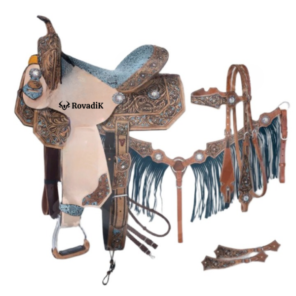 Rovadik Handmade Western Show Saddle Set – Tooled Leather Horse Saddle with Matching Headstall, Breast Collar & Reins – Comfortable Trail & Show Riding