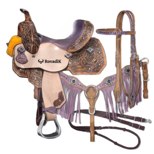 Rovadik Handmade Western Show Saddle Set – Tooled Leather Horse Saddle with Matching Headstall, Breast Collar & Reins – Comfortable Trail & Show Riding