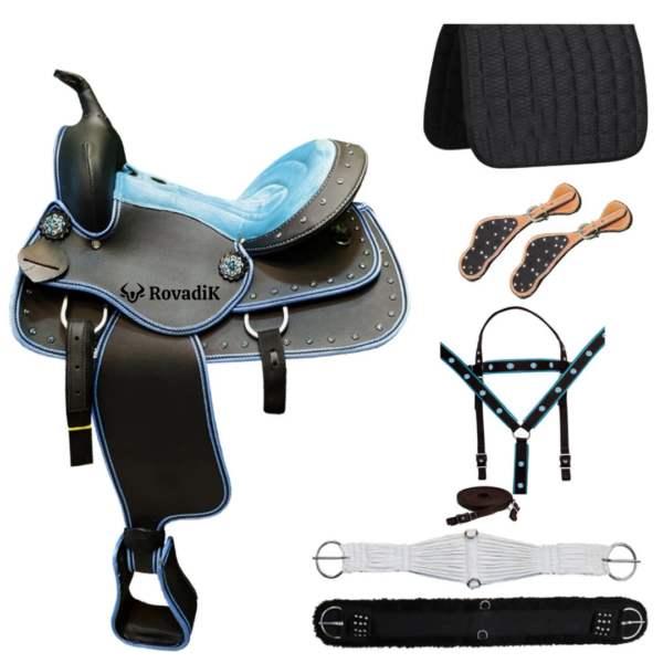 Rovadik Handmade Western Show Saddle Set – Tooled Leather Horse Saddle with Matching Headstall, Breast Collar & Reins – Comfortable Trail & Show Riding