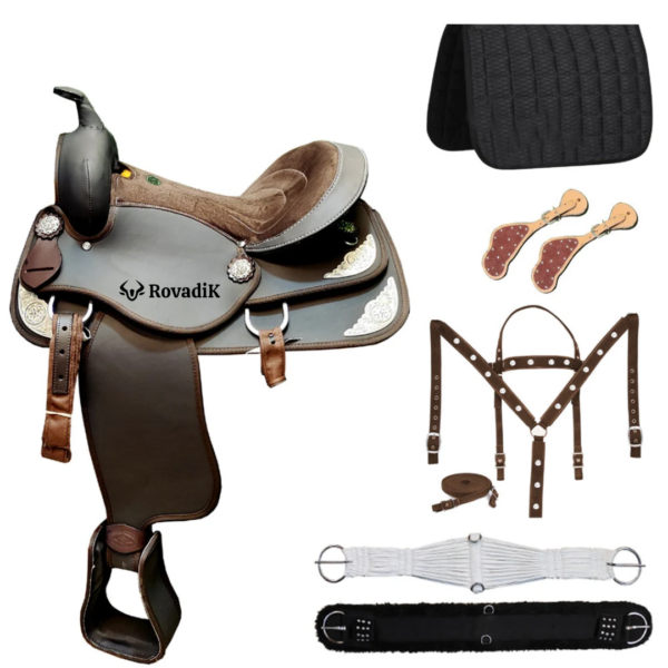 Rovadik Handmade Western Show Saddle Set – Tooled Leather Horse Saddle with Matching Headstall, Breast Collar & Reins – Comfortable Trail & Show Riding