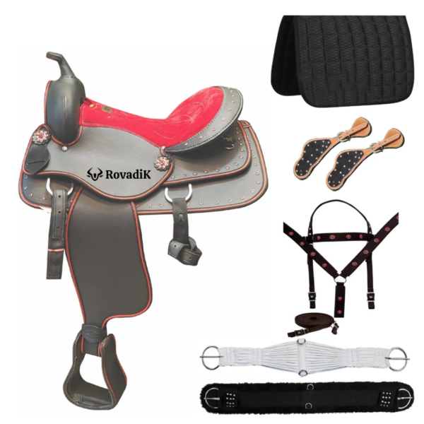 Rovadik Handmade Western Show Saddle Set – Tooled Leather Horse Saddle with Matching Headstall, Breast Collar & Reins – Comfortable Trail & Show Riding