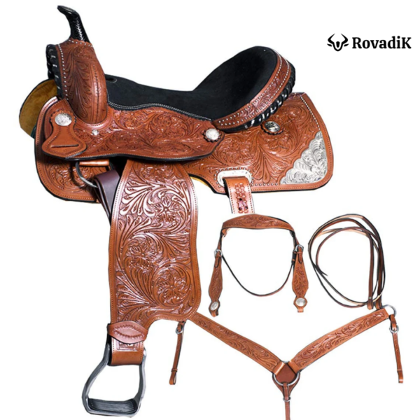 Rovadik Handmade Western Show Saddle Set – Tooled Leather Horse Saddle with Matching Headstall, Breast Collar & Reins – Comfortable Trail & Show Riding