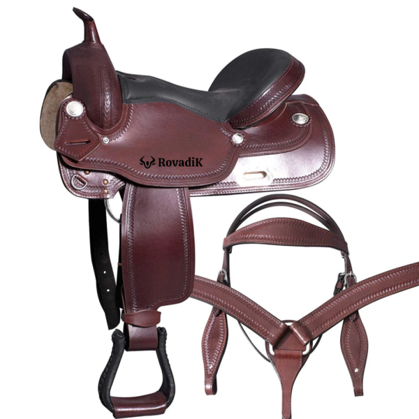 Rovadik Handmade Western Show Saddle Set – Tooled Leather Horse Saddle with Matching Headstall, Breast Collar & Reins – Comfortable Trail & Show Riding