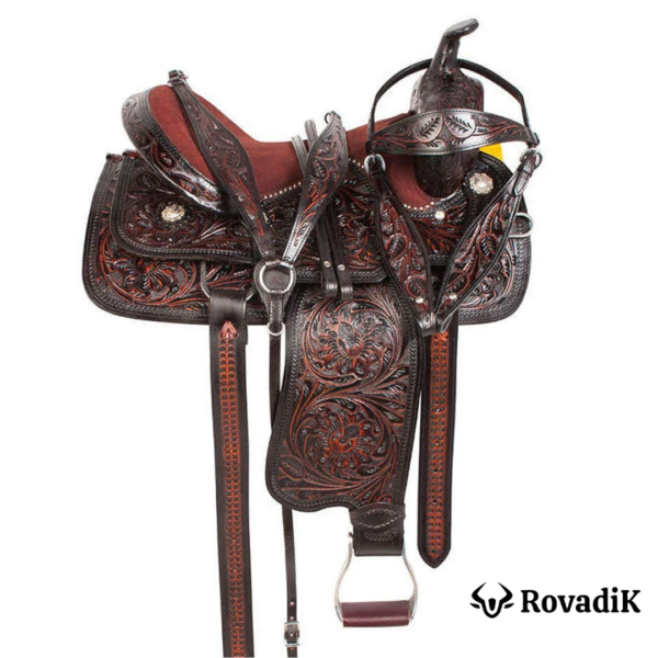 Rovadik Handmade Western Show Saddle Set – Tooled Leather Horse Saddle with Matching Headstall, Breast Collar & Reins – Comfortable Trail & Show Riding