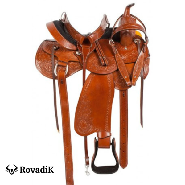 Rovadik Handmade Western Show Saddle Set – Tooled Leather Horse Saddle with Matching Headstall, Breast Collar & Reins – Comfortable Trail & Show Riding