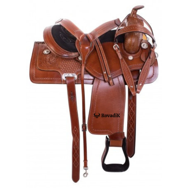 Rovadik Handmade Western Show Saddle Set – Tooled Leather Horse Saddle with Matching Headstall, Breast Collar & Reins – Comfortable Trail & Show Riding