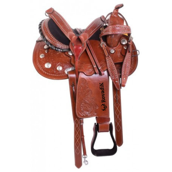 Rovadik Handmade Western Show Saddle Set – Tooled Leather Horse Saddle with Matching Headstall, Breast Collar & Reins – Comfortable Trail & Show Riding