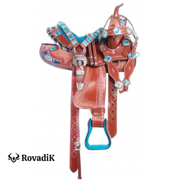 Rovadik Handmade Western Show Saddle Set – Tooled Leather Horse Saddle with Matching Headstall, Breast Collar & Reins – Comfortable Trail & Show Riding