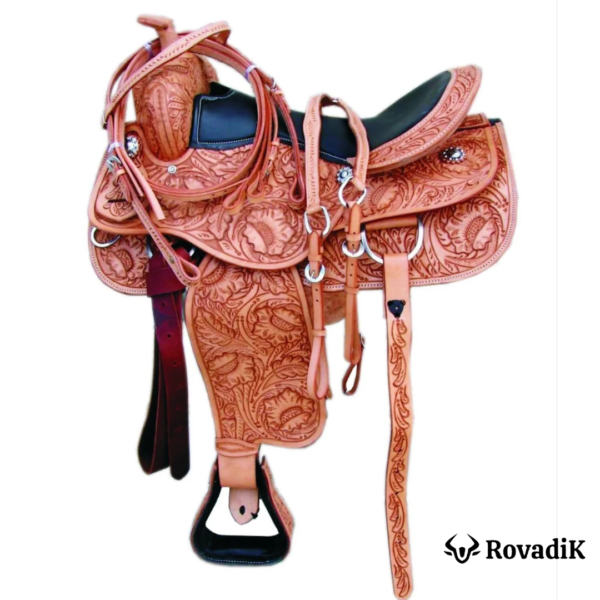 Rovadik Handmade Western Show Saddle Set – Tooled Leather Horse Saddle with Matching Headstall, Breast Collar & Reins – Comfortable Trail & Show Riding