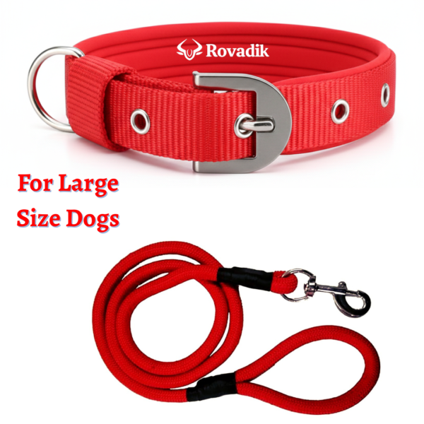Rovadik Dog Collar and Rope Dog Leash Combo Set | Adjustable | Padded | Comfortable | Strong | for Large Dogs | Labrador | Golden Retriever | German Shepherd | Rottweiler (Red, Large)