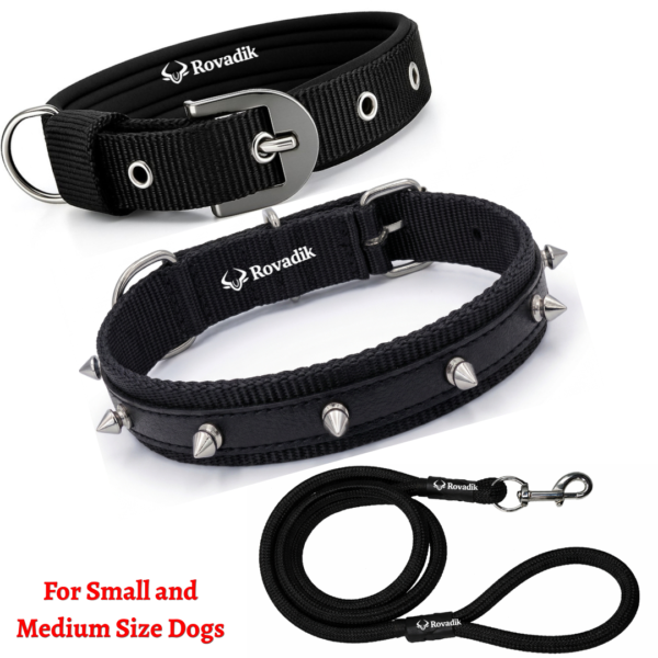 Rovadik Anti-Bite Spiked Dog Collar & Leash Combo – Brass Spikes for Dog Protection| Adjustable | Safety | Comfortable | for Small & Medium Dogs | Pug, Shih Tzu, Lhasa Apso, Pomeranian, Beagle, Bulldog, Indie (Black, Medium)