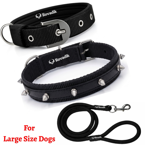 Rovadik Anti-Bite Spiked Dog Collar & Leash Combo – Brass Spikes for Dog Protection, Adjustable Safety Collar with Strong Metal Buckle for Large Dogs German Shepherd, Boxer, Golden Retriever, Labrador, Rottweiler, Dalmatian, Doberman (Large)