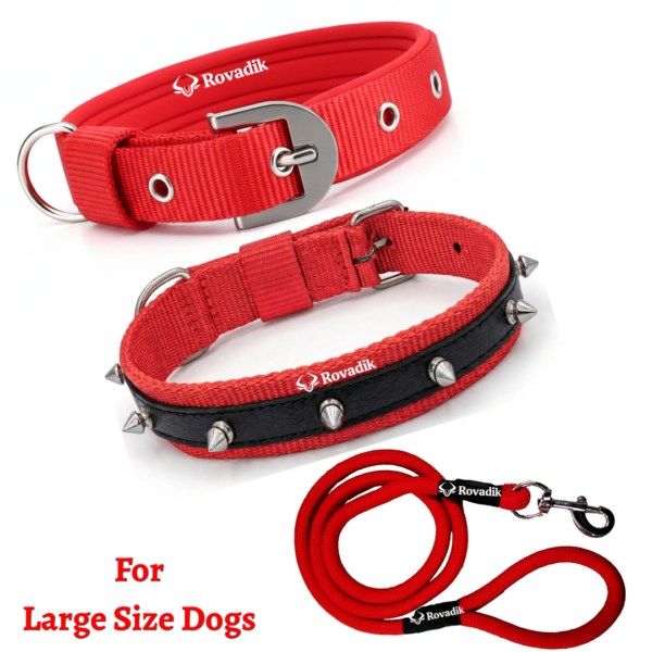 Rovadik Anti-Bite Spiked Dog Collar & Leash Combo – Brass Spikes for Dog Protection| Adjustable | Safety | Comfortable | for Large Dogs, German Shepherd, Boxer, Golden Retriever, Labrador, Rottweiler, Dalmatian, Doberman (Red, Large)