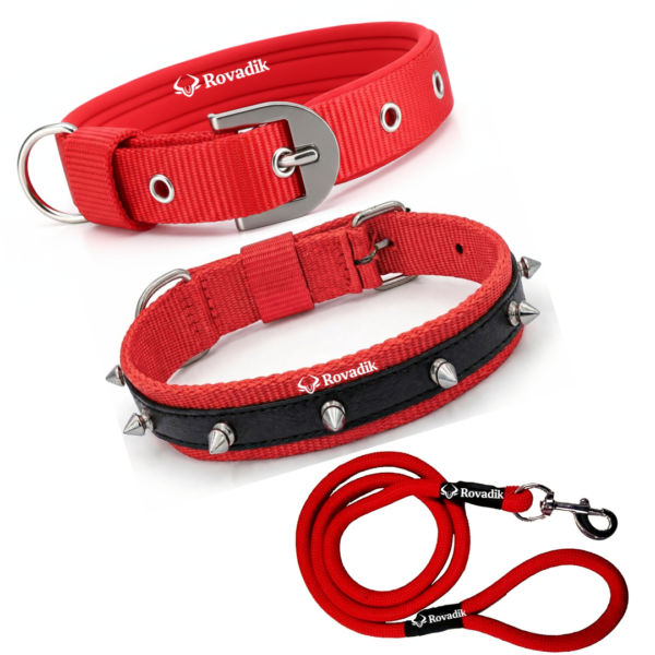 Rovadik Anti-Bite Spiked Dog Collar & Leash Combo – Brass Spikes for Dog Protection| Adjustable | Safety | Comfortable | for Small & Medium Dogs | Pug, Shih Tzu, Lhasa Apso, Pomeranian, Beagle, Bulldog, Indie (Red, Medium)