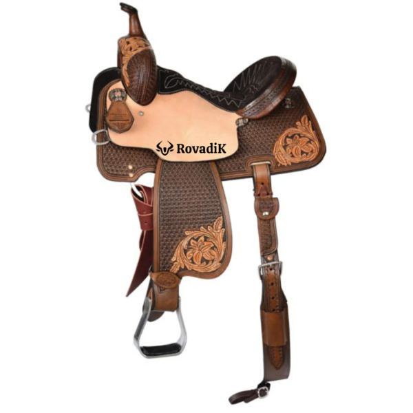 Rovadik Handmade Western Show Saddle Set – Tooled Leather Horse Saddle with Matching Headstall, Breast Collar & Reins – Comfortable Trail & Show Riding