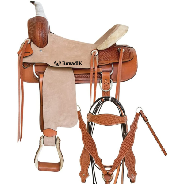 Rovadik Handmade Western Show Saddle Set – Tooled Leather Horse Saddle with Matching Headstall, Breast Collar & Reins – Comfortable Trail & Show Riding