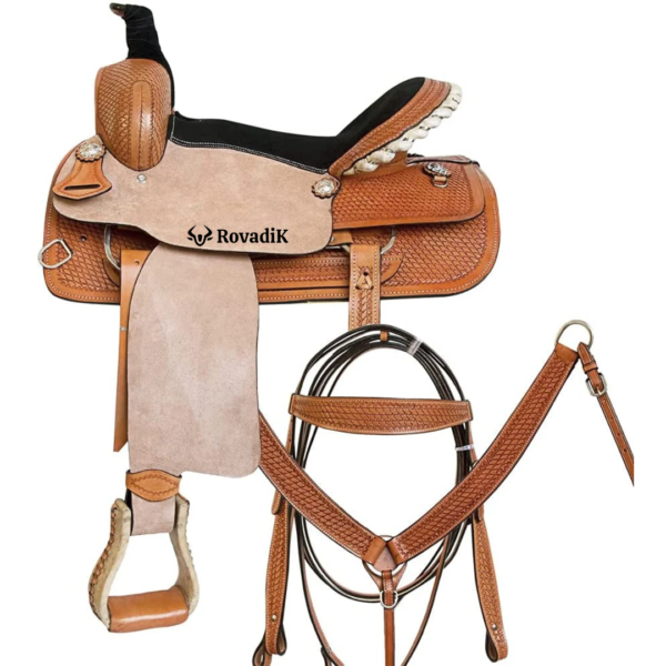 Rovadik Handmade Western Show Saddle Set – Tooled Leather Horse Saddle with Matching Headstall, Breast Collar & Reins – Comfortable Trail & Show Riding