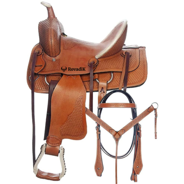 Rovadik Handmade Western Show Saddle Set – Tooled Leather Horse Saddle with Matching Headstall, Breast Collar & Reins – Comfortable Trail & Show Riding