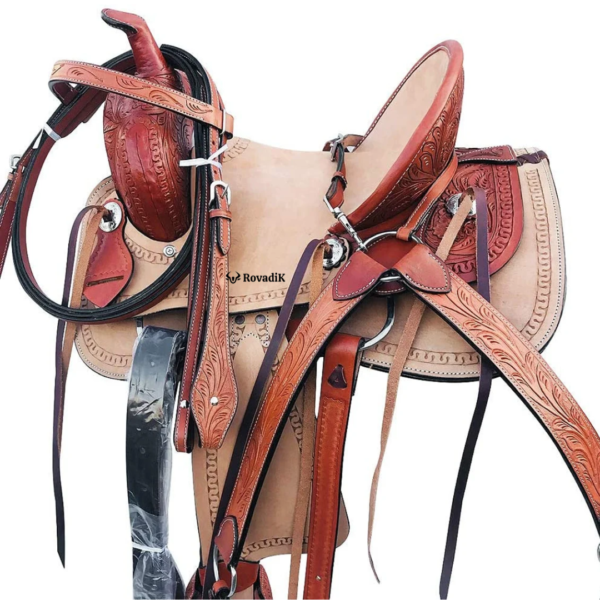 Rovadik Handmade Western Show Saddle Set – Tooled Leather Horse Saddle with Matching Headstall, Breast Collar & Reins – Comfortable Trail & Show Riding