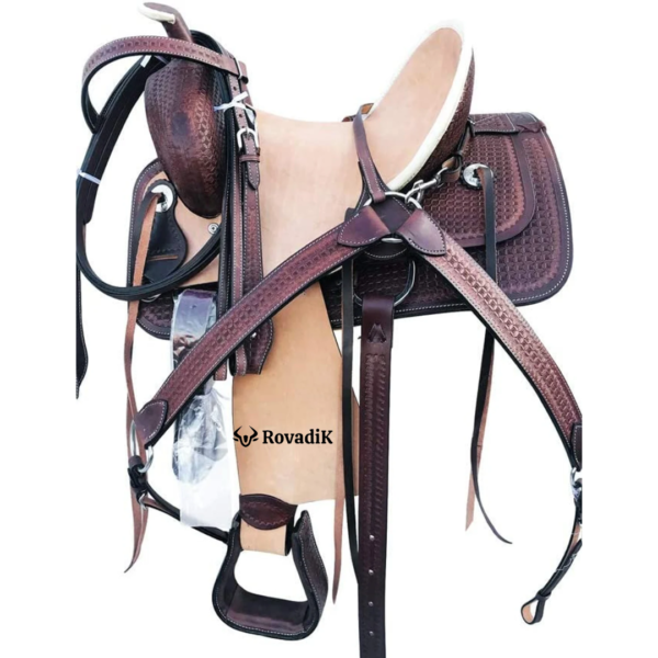 Rovadik Handmade Western Show Saddle Set – Tooled Leather Horse Saddle with Matching Headstall, Breast Collar & Reins – Comfortable Trail & Show Riding