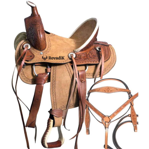 Rovadik Handmade Western Show Saddle Set – Tooled Leather Horse Saddle with Matching Headstall, Breast Collar & Reins – Comfortable Trail & Show Riding