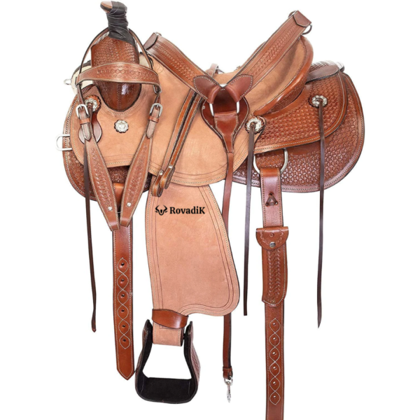 Rovadik Handmade Western Show Saddle Set – Tooled Leather Horse Saddle with Matching Headstall, Breast Collar & Reins – Comfortable Trail & Show Riding
