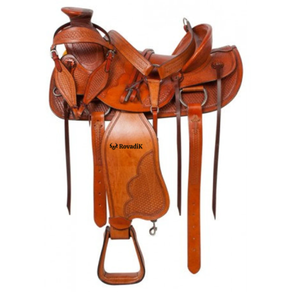 Rovadik Handmade Western Show Saddle Set – Tooled Leather Horse Saddle with Matching Headstall, Breast Collar & Reins – Comfortable Trail & Show Riding