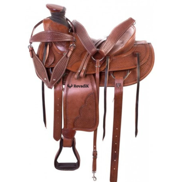 Rovadik Handmade Western Show Saddle Set – Tooled Leather Horse Saddle with Matching Headstall, Breast Collar & Reins – Comfortable Trail & Show Riding