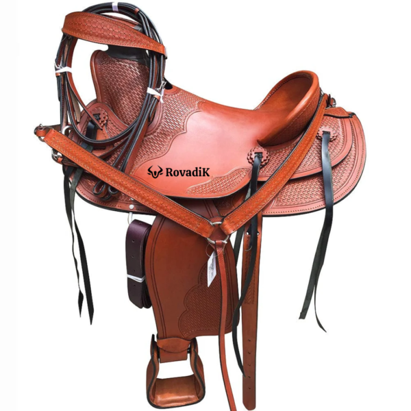 Rovadik Handmade Western Show Saddle Set – Tooled Leather Horse Saddle with Matching Headstall, Breast Collar & Reins – Comfortable Trail & Show Riding