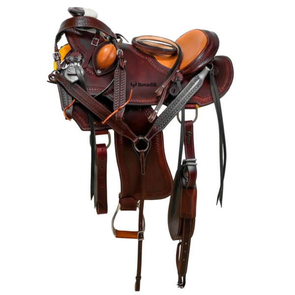 Rovadik Handmade Western Show Saddle Set – Tooled Leather Horse Saddle with Matching Headstall, Breast Collar & Reins – Comfortable Trail & Show Riding