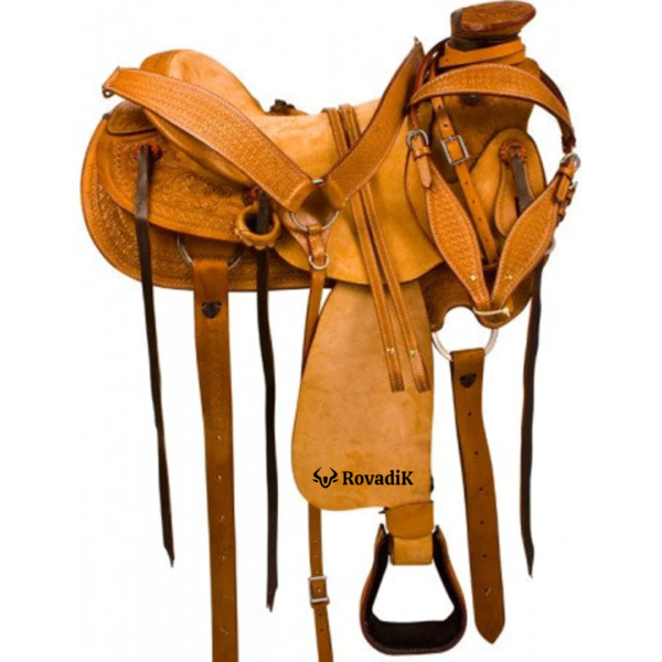Rovadik Handmade Western Show Saddle Set – Tooled Leather Horse Saddle with Matching Headstall, Breast Collar & Reins – Comfortable Trail & Show Riding