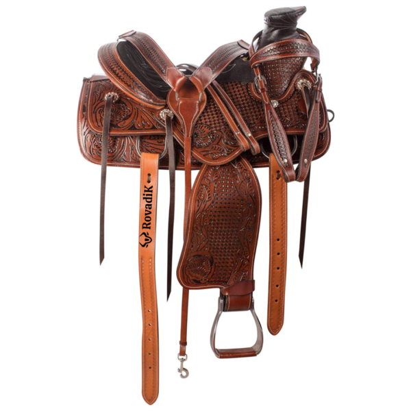 Rovadik Handmade Western Show Saddle Set – Tooled Leather Horse Saddle with Matching Headstall, Breast Collar & Reins – Comfortable Trail & Show Riding